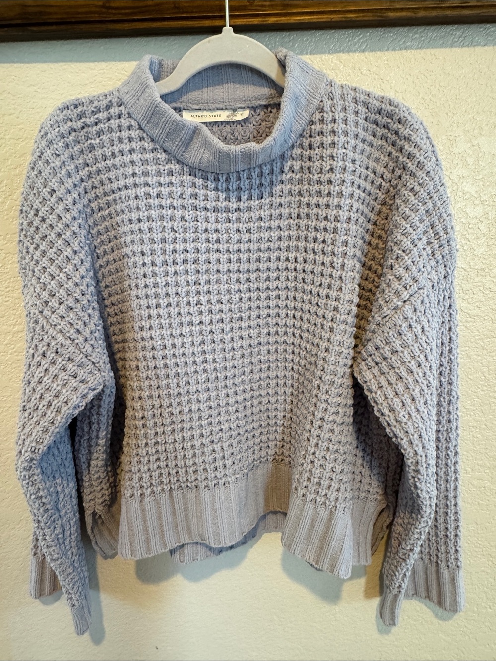Light BluWaffle-Knit Crewneck Sweater